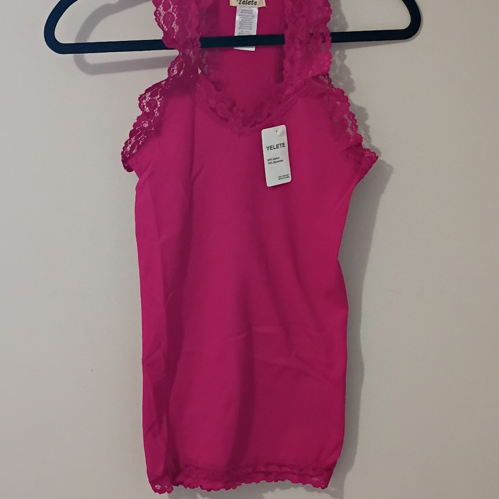 Yelete Women's Pink Racerback Lace Tank Top